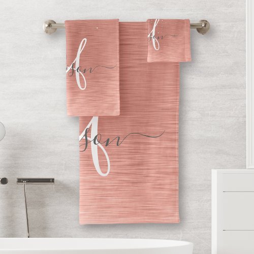 Rose Gold Brushed Metal Glitter Monogram Name Bath Towel Set
