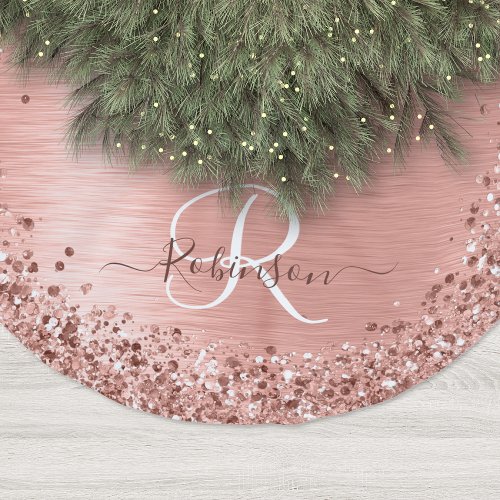 Rose Gold Brushed Metal Glitter Monogram Name Brushed Polyester Tree Skirt