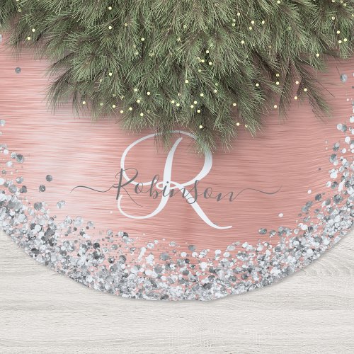 Rose Gold Brushed Metal Glitter Monogram Name Brushed Polyester Tree Skirt