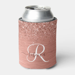 Rose Gold Brushed Metal Glitter Monogram Name Can Cooler