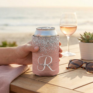 Rose Gold Brushed Metal Glitter Monogram Name Can Cooler