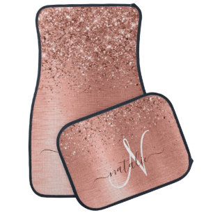Rose Gold Brushed Metal Glitter Monogram Name Car Floor Mat