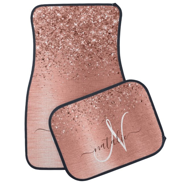 Rose Gold Brushed Metal Glitter Monogram Name Car Floor Mat (Set)