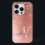 Rose Gold Brushed Metal Glitter Monogram Name iPhone 15 Pro Case<br><div class="desc">Easily personalize this trendy chic phone case design featuring pretty rose gold sparkling glitter on a rose gold brushed metallic background.</div>