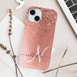 Rose Gold Brushed Metal Glitter Monogram Name iPhone 15 Case<br><div class="desc">Easily personalize this trendy chic phone case design featuring pretty rose gold sparkling glitter on a rose gold brushed metallic background.</div>