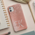 Rose Gold Brushed Metal Glitter Monogram Name Case-Mate iPhone 14 Case<br><div class="desc">Easily personalize this trendy chic phone case design featuring pretty rose gold sparkling glitter on a rose gold brushed metallic background.</div>