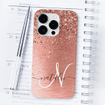 Rose Gold Brushed Metal Glitter Monogram Name Case-Mate iPhone 14 Pro Case<br><div class="desc">Easily personalize this trendy chic phone case design featuring pretty rose gold sparkling glitter on a rose gold brushed metallic background.</div>