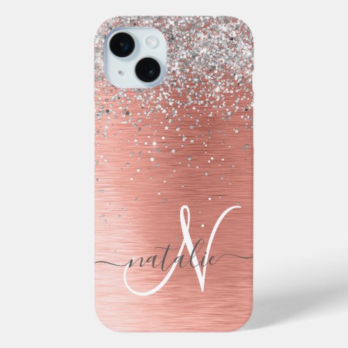  Rose Gold Brushed Metal Glitter Monogram Name iPhone 15 Plus Case