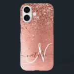 Rose Gold Brushed Metal Glitter Monogram Name iPhone 16 Case<br><div class="desc">Easily personalize this trendy chic phone case design featuring pretty rose gold sparkling glitter on a rose gold brushed metallic background.</div>
