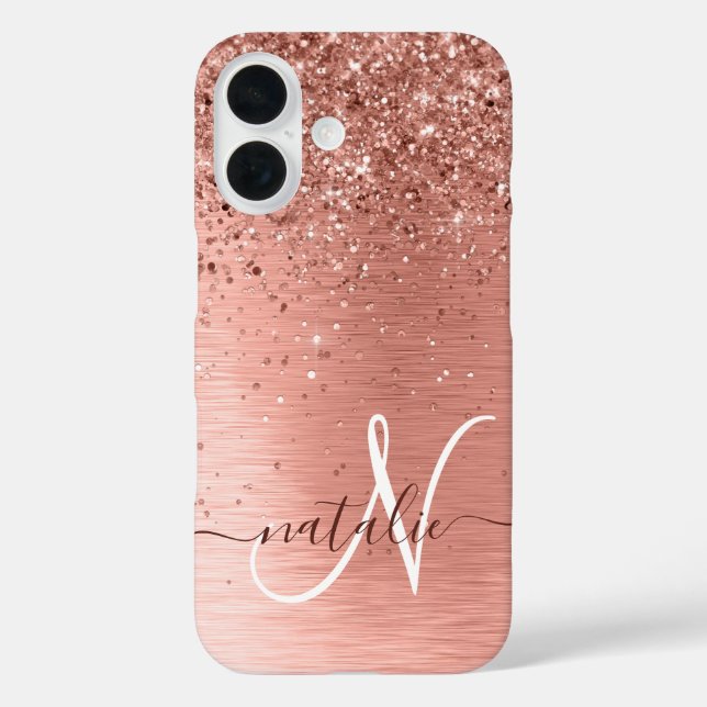Rose Gold Brushed Metal Glitter Monogram Name Case-Mate iPhone Case (Back)