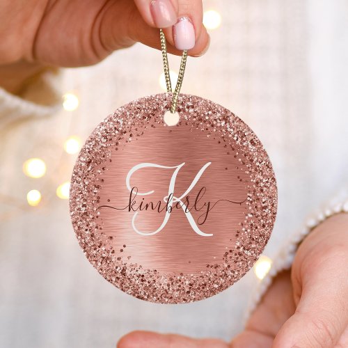 Rose Gold Brushed Metal Glitter Monogram Name  Ceramic Ornament