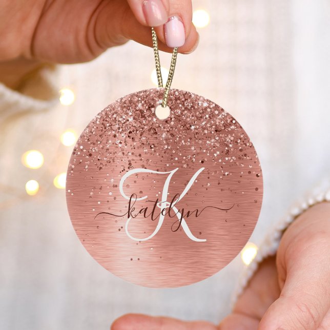 Rose Gold Brushed Metal Glitter Monogram Name Ceramic Ornament (Creator Uploaded)