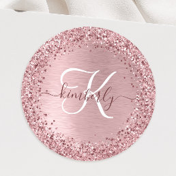 Rose Gold Brushed Metal Glitter Monogram Name Clas Classic Round Sticker