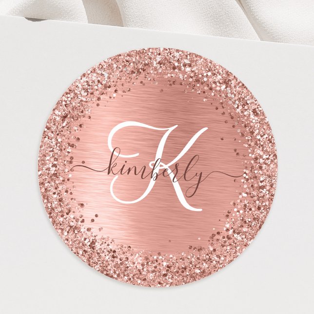 Rose Gold Brushed Metal Glitter Monogram Name Classic Round Sticker (Creator Uploaded)