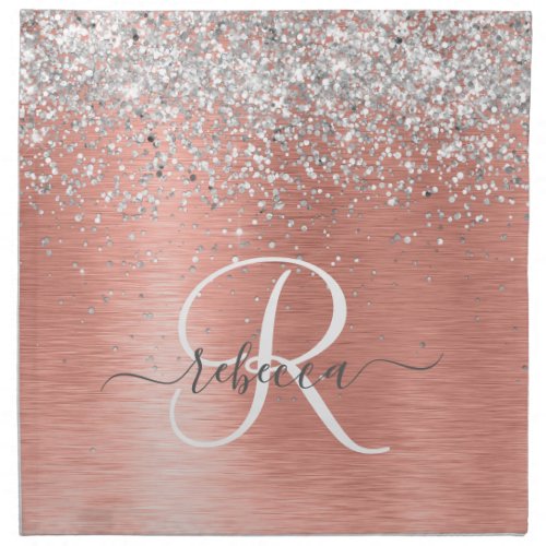 Rose Gold Brushed Metal Glitter Monogram Name Cloth Napkin