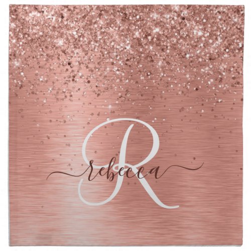 Rose Gold Brushed Metal Glitter Monogram Name Cloth Napkin