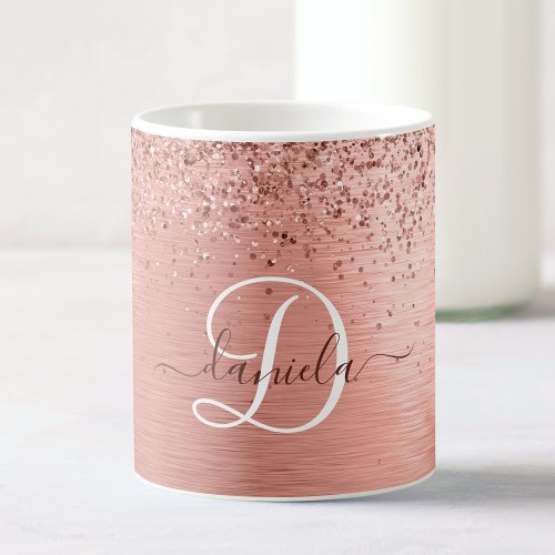 Rose Gold Brushed Metal Glitter Monogram Name Coffee Mug