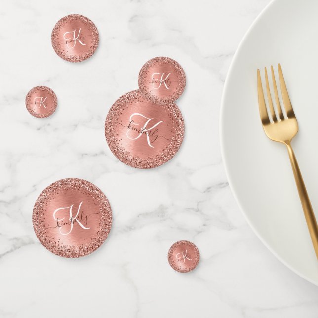 Rose Gold Brushed Metal Glitter Monogram Name Confetti (Group)
