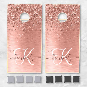 Rose Gold Brushed Metal Glitter Monogram Name Cornhole Set
