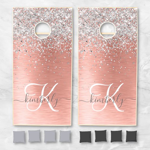 Rose Gold Brushed Metal Glitter Monogram Name Cornhole Set