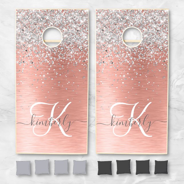 Rose Gold Brushed Metal Glitter Monogram Name Cornhole Set (Creator Uploaded)