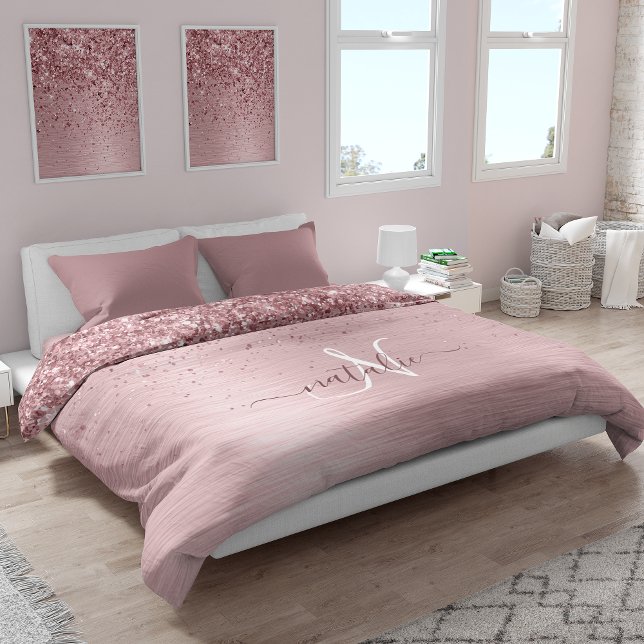 Rose Gold Brushed Metal Glitter Monogram Name Duve Duvet Cover (Creator Uploaded)