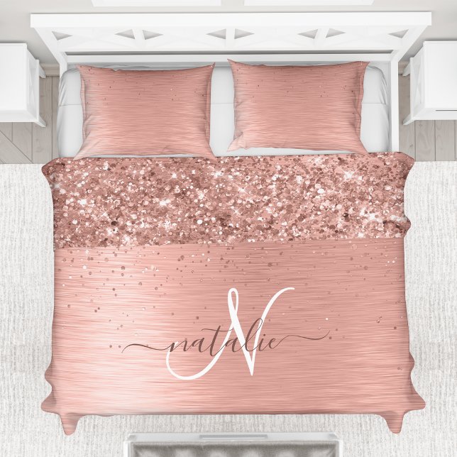 Rose Gold Brushed Metal Glitter Monogram Name Duve Duvet Cover (Creator Uploaded)