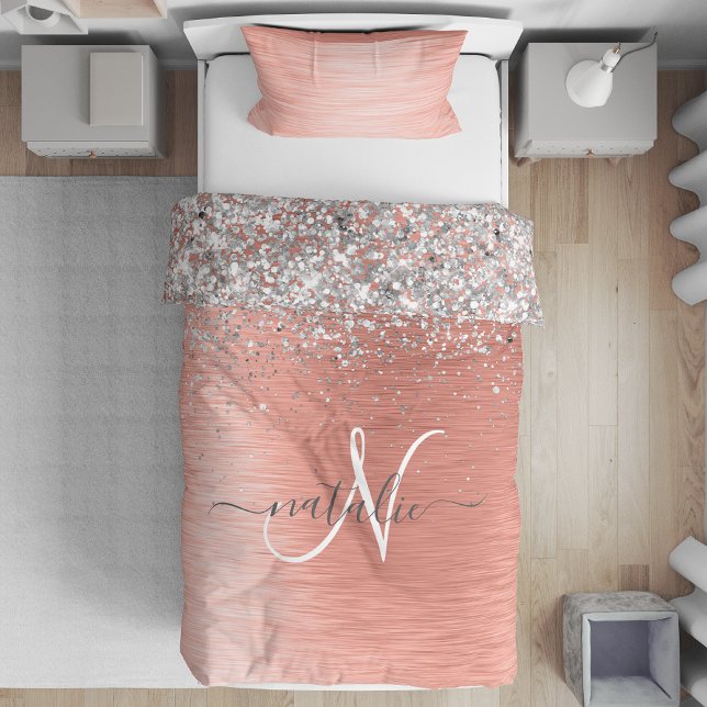 Rose Gold Brushed Metal Glitter Monogram Name Duvet Cover (Creator Uploaded)