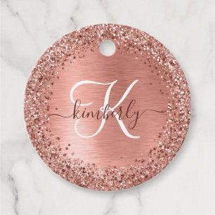 Rose Gold Brushed Metal Glitter Monogram Name Favor Tags