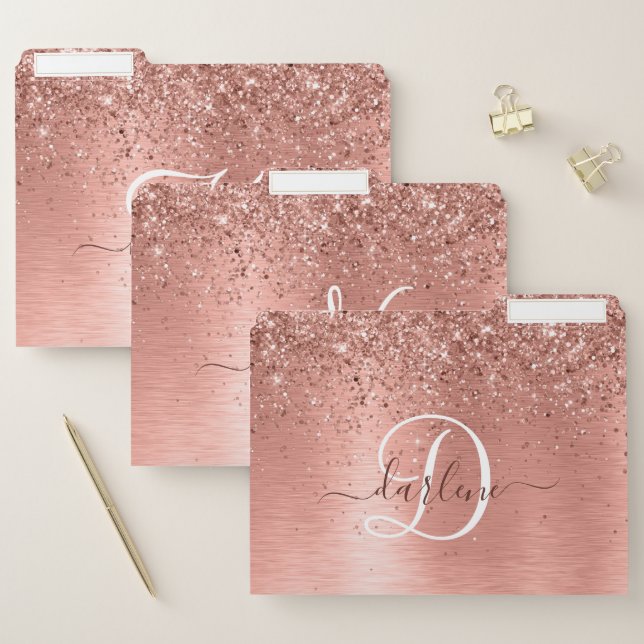 Rose Gold Brushed Metal Glitter Monogram Name File Folder (Set)