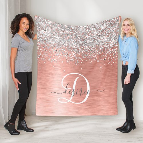 Rose Gold Brushed Metal Glitter Monogram Name Fleece Blanket