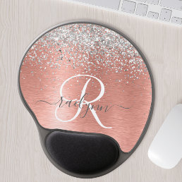 Rose Gold Brushed Metal Glitter Monogram Name Gel Mouse Pad