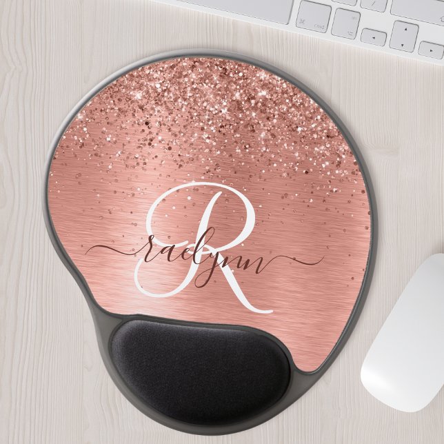 Rose Gold Brushed Metal Glitter Monogram Name Gel Mouse Pad (Creator Uploaded)