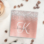 Rose Gold Brushed Metal Glitter Monogram Name Glass Coaster<br><div class="desc">Easily personalize this trendy chic glass coaster design featuring pretty silver sparkling glitter on a rose gold brushed metallic background.</div>