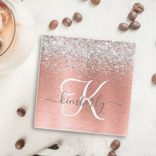 Rose Gold Brushed Metal Glitter Monogram Name Glass Coaster