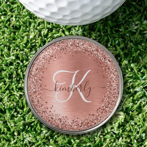 Rose Gold Brushed Metal Glitter Monogram Name Golf Ball Marker
