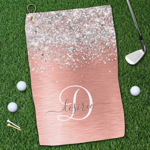 Rose Gold Brushed Metal Glitter Monogram Name Golf Towel