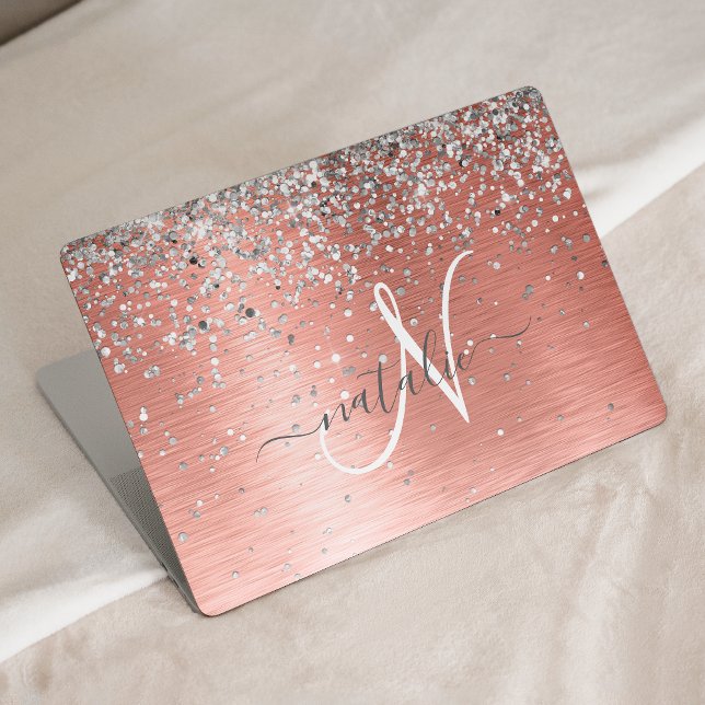 Rose Gold Brushed Metal Glitter Monogram Name HP Laptop Skin (Creator Uploaded)
