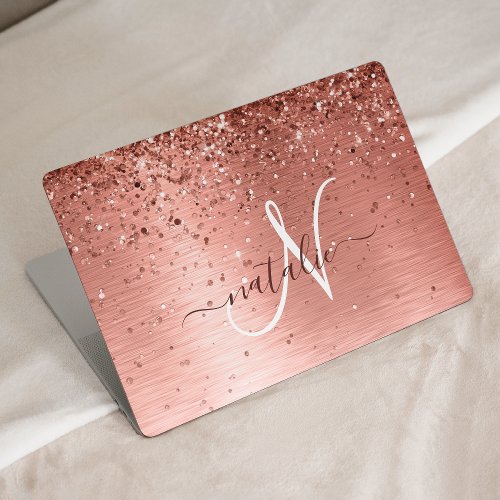 Rose Gold Brushed Metal Glitter Monogram Name HP Laptop Skin