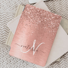 Rose Gold Brushed Metal Glitter Monogram Name iPad Air Cover