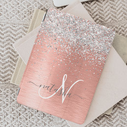 Rose Gold Brushed Metal Glitter Monogram Name iPad Air Cover