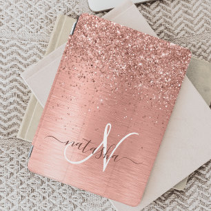 Rose Gold Brushed Metal Glitter Monogram Name iPad Mini Cover