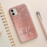 Rose Gold Brushed Metal Glitter Monogram Name iPhone 15 Case<br><div class="desc">Easily personalize this trendy chic phone case design featuring pretty rose gold sparkling glitter on a rose gold brushed metallic background.</div>