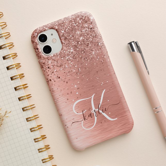 Rose Gold Brushed Metal Glitter Monogram Name iPhone 15 Case (Creator Uploaded)