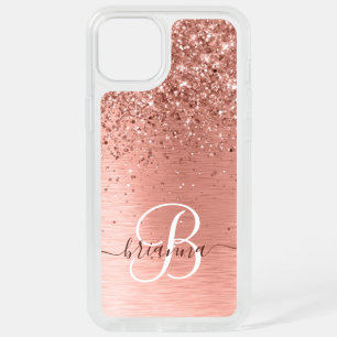 Rose Gold Brushed Metal Glitter Monogram Name iPhone 15 Plus Case