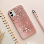 Rose Gold Brushed Metal Glitter Monogram Name iPhone 14 Case<br><div class="desc">Easily personalize this trendy chic phone case design featuring pretty rose gold sparkling glitter on a rose gold brushed metallic background.</div>