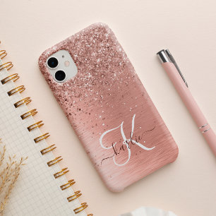 Rose Gold Brushed Metal Glitter Monogram Name iPhone 14 Case