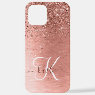 Rose Gold Brushed Metal Glitter Monogram Name iPhone 12 Pro Max Case