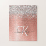 Rose Gold Brushed Metal Glitter Monogram Name Jigsaw Puzzle<br><div class="desc">Easily personalize this trendy chic puzzle design featuring pretty silver sparkling glitter on a rose gold brushed metallic background.</div>