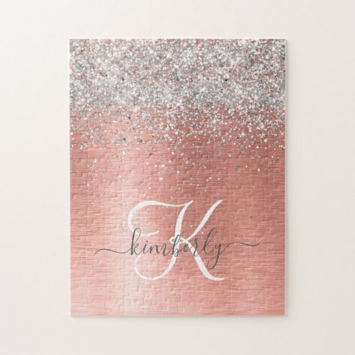 Rose Gold Brushed Metal Glitter Monogram Name Jigsaw Puzzle